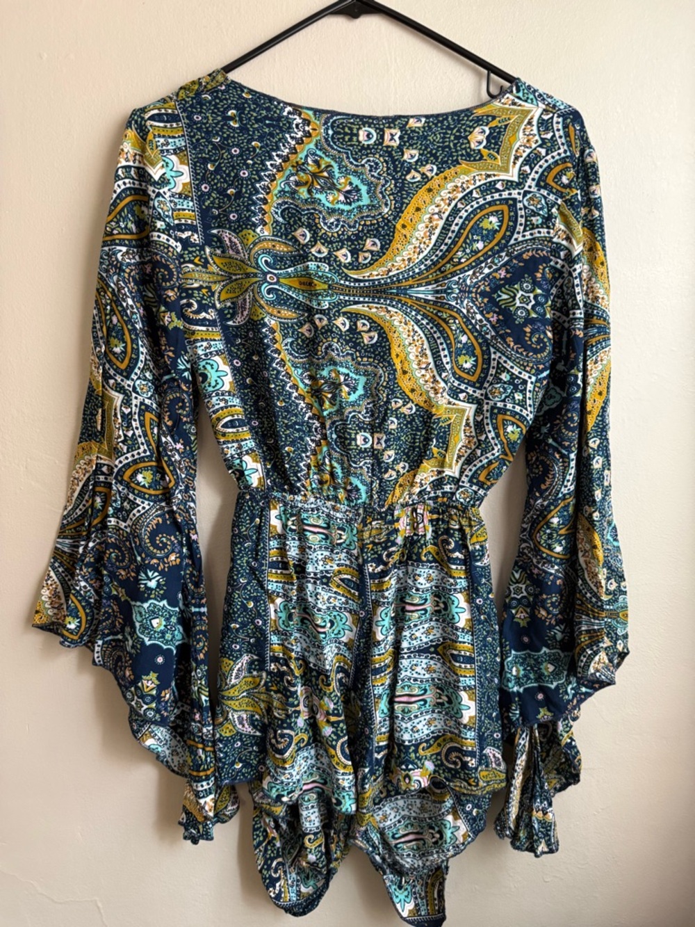 Boho Paisley Tie Front Romper Small/Medium Bell Sleeve Festival Playsuit - Picture 3 of 11